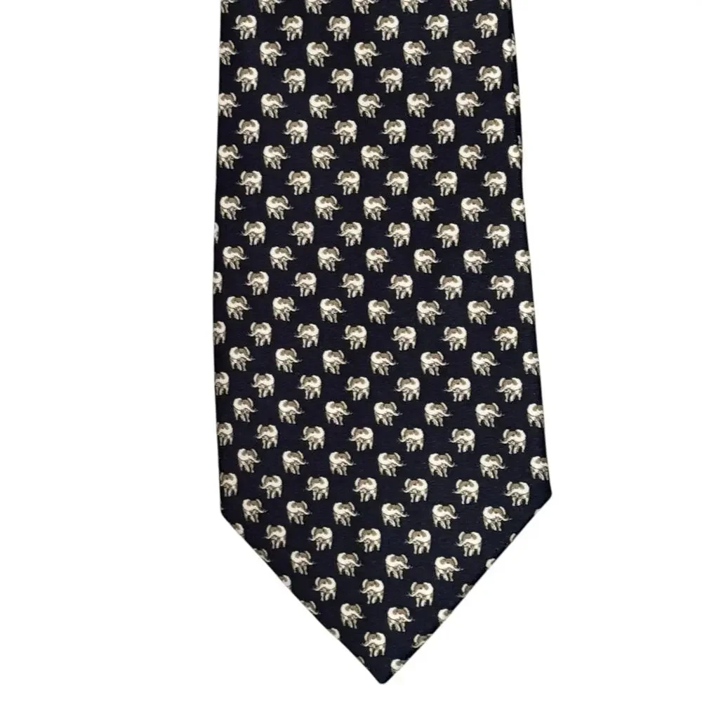 Thailand Men's Deep Navy Hand-Made 100% Silk‎ Tie Elephant Print Eclectic Preppy